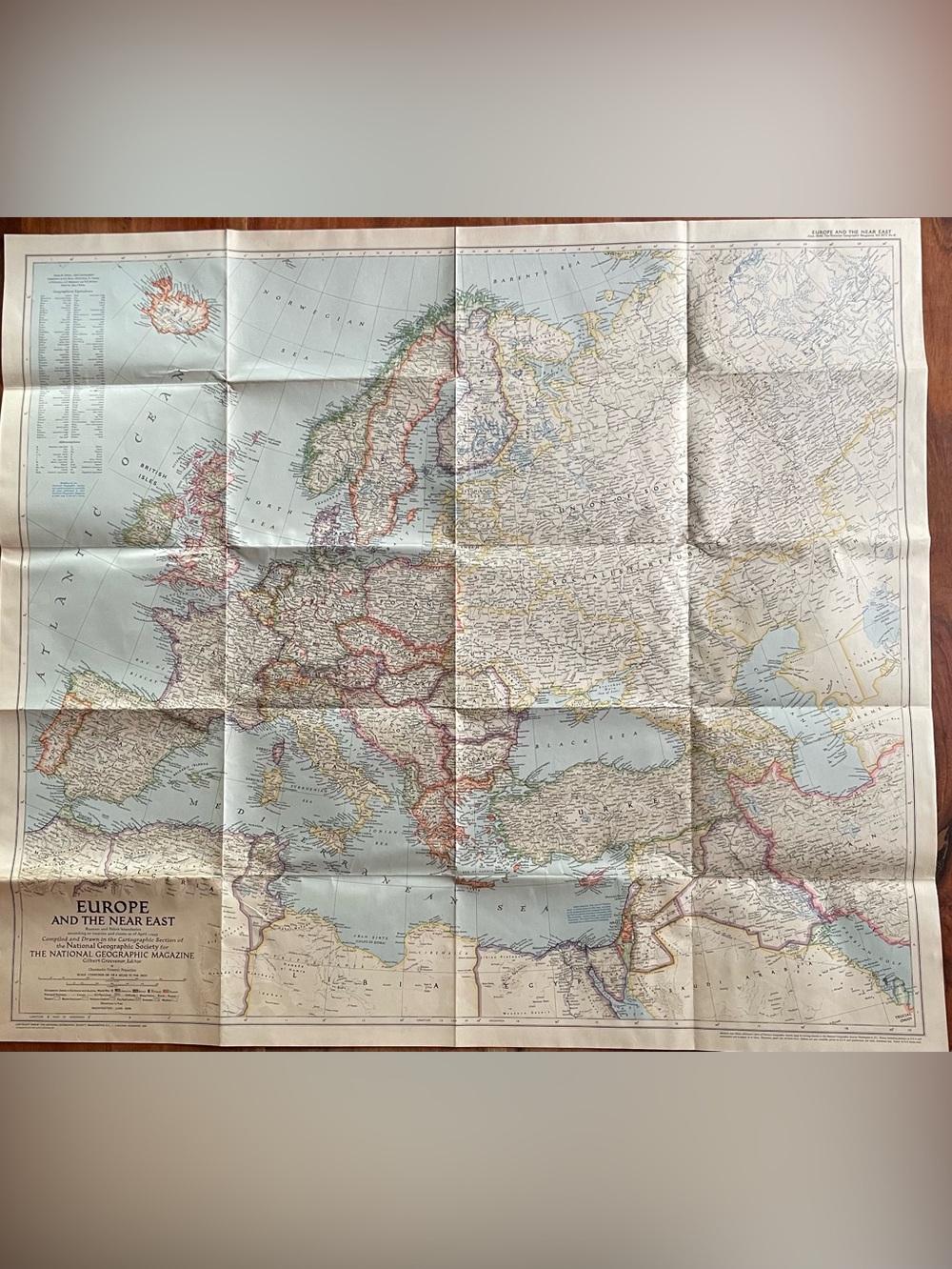 Large Vintage 1949 Europe and Near East Wall Map from National Geographic Mag